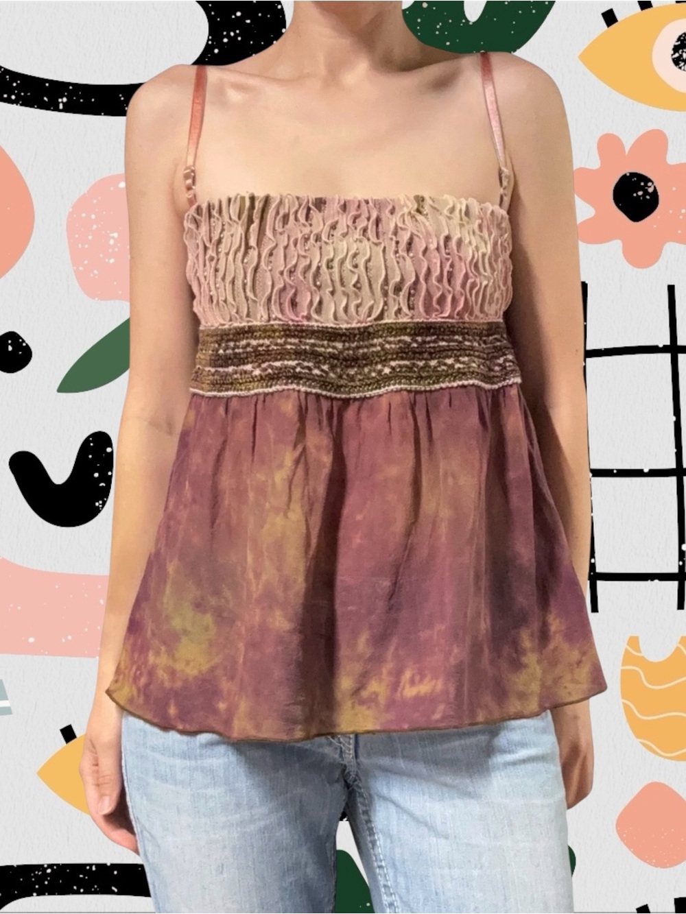 Mezon | Vintage Y2K Tie Dye Beaded Ruffle Babydoll Tank Top Cami